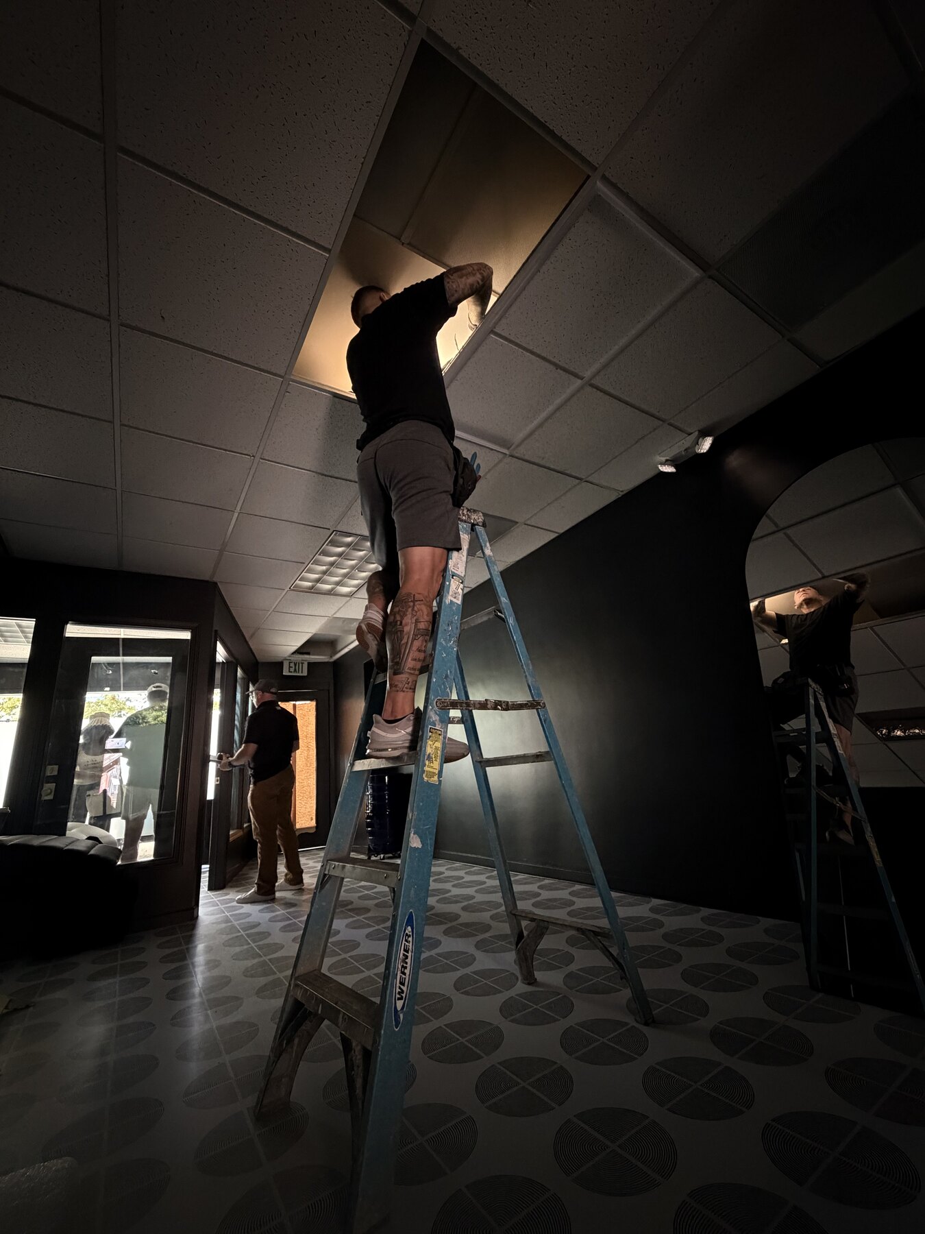 New light fixtures installed in the studio