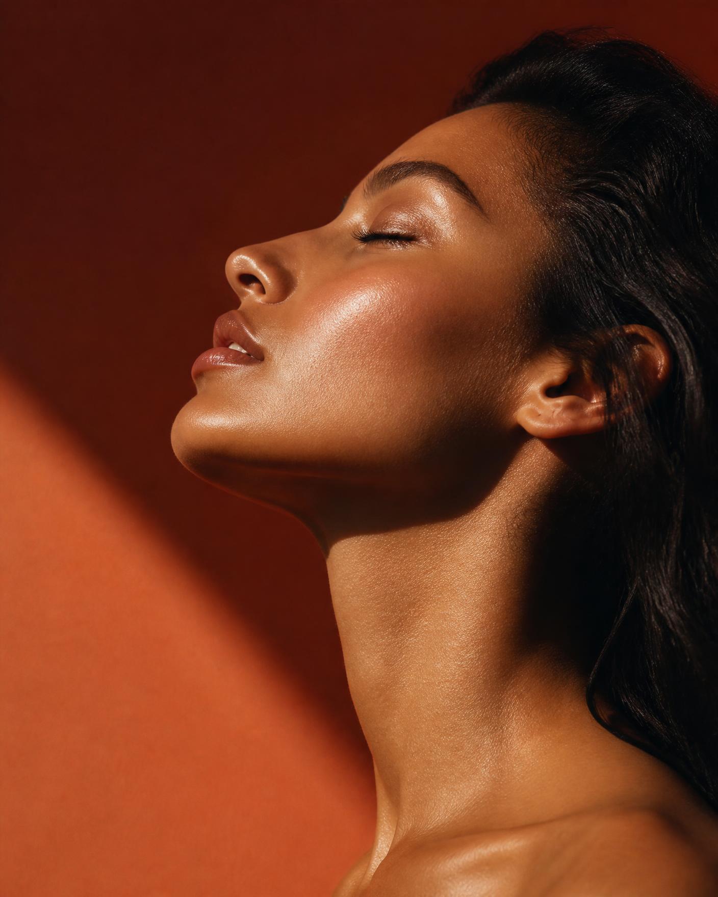 Portrait of a woman with luminous skin lit in warm light