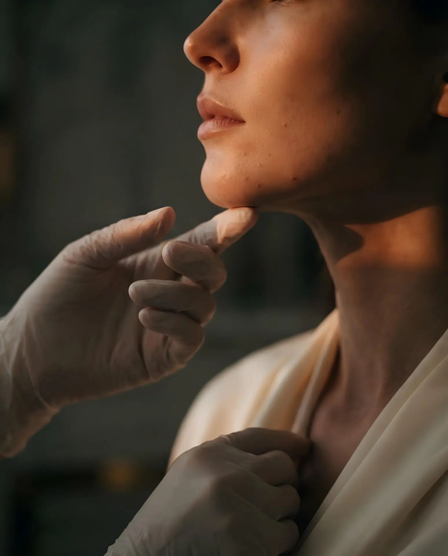 Provider examining a patient's jaw and neck during a skin assessment